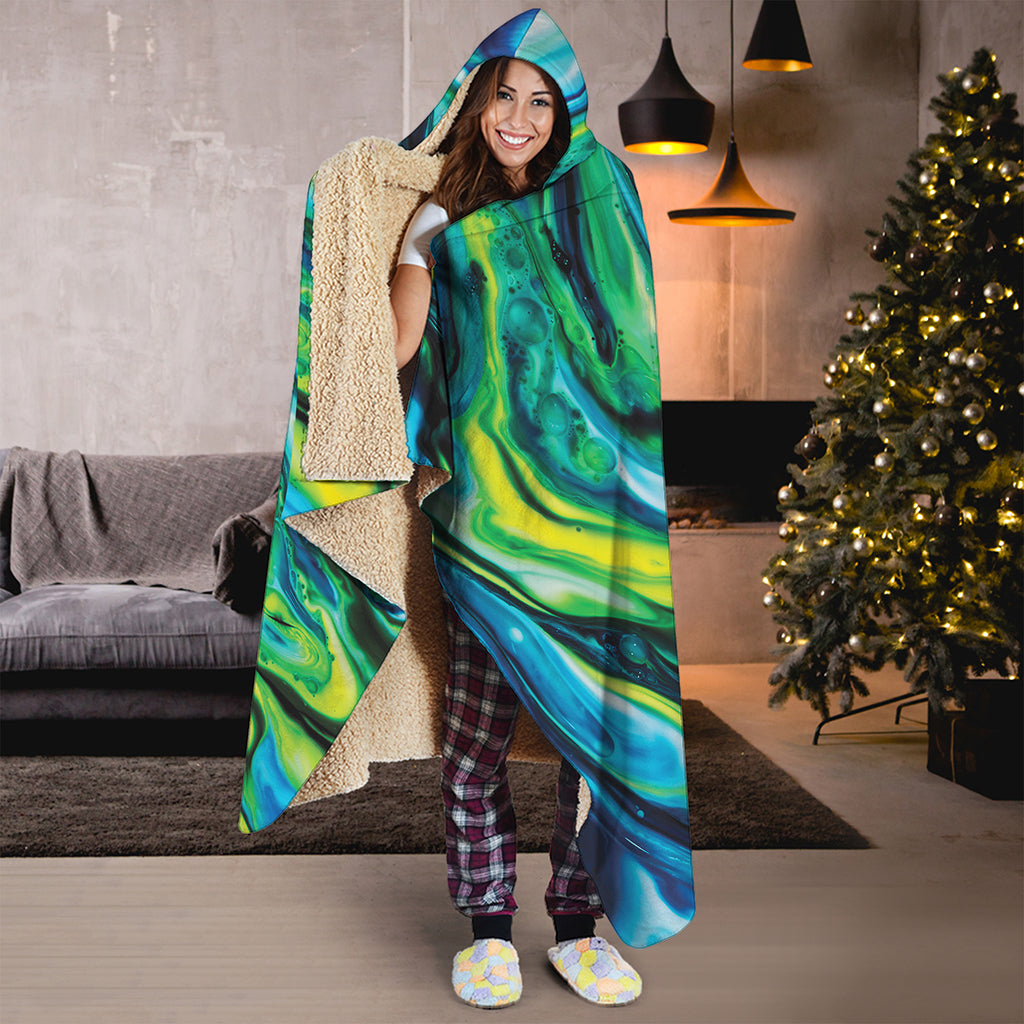 Blue And Green Acid Melt Print Hooded Blanket