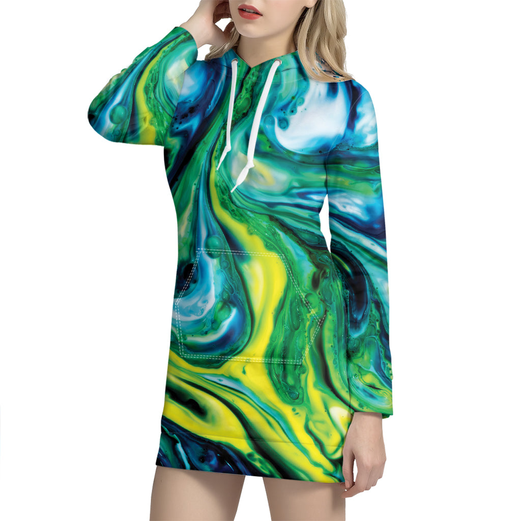 Blue And Green Acid Melt Print Hoodie Dress