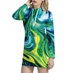 Blue And Green Acid Melt Print Hoodie Dress