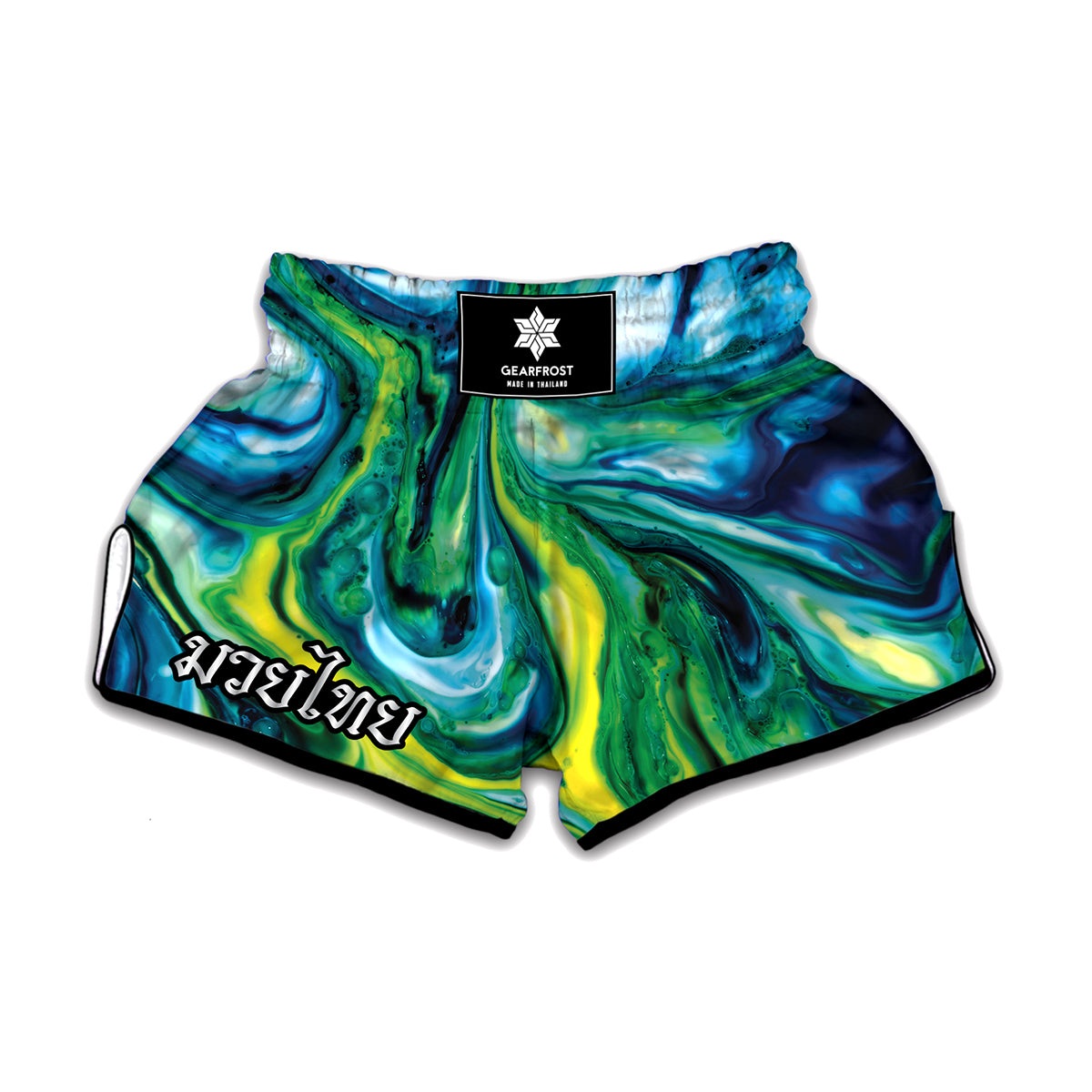 Blue And Green Acid Melt Print Muay Thai Boxing Shorts