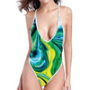 Blue And Green Acid Melt Print One Piece High Cut Swimsuit