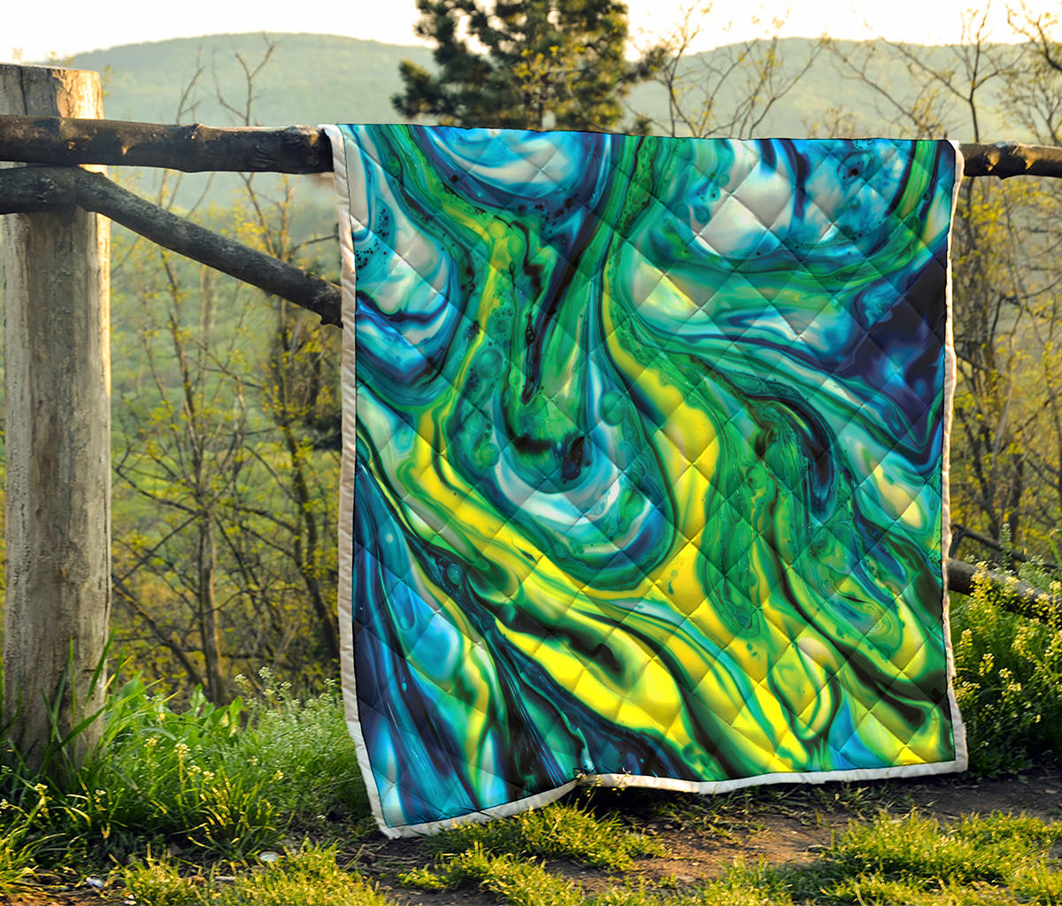 Blue And Green Acid Melt Print Quilt