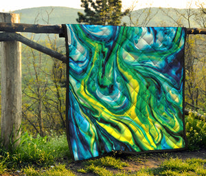 Blue And Green Acid Melt Print Quilt