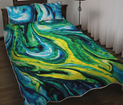 Blue And Green Acid Melt Print Quilt Bed Set