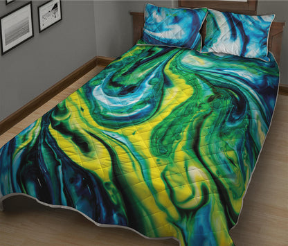 Blue And Green Acid Melt Print Quilt Bed Set
