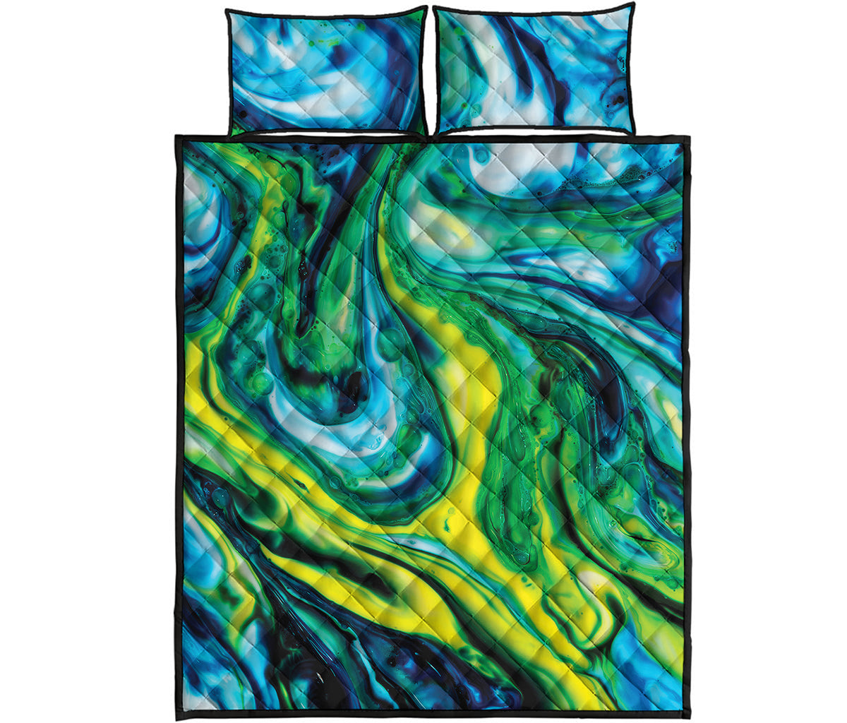 Blue And Green Acid Melt Print Quilt Bed Set