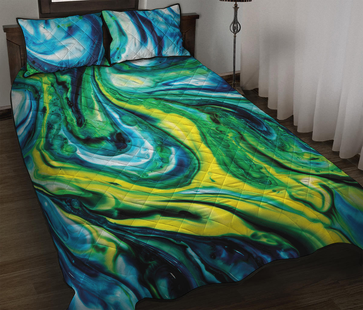 Blue And Green Acid Melt Print Quilt Bed Set