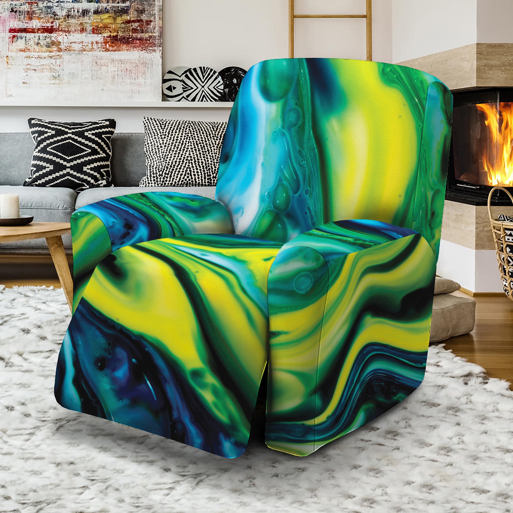 Blue And Green Acid Melt Print Recliner Slipcover