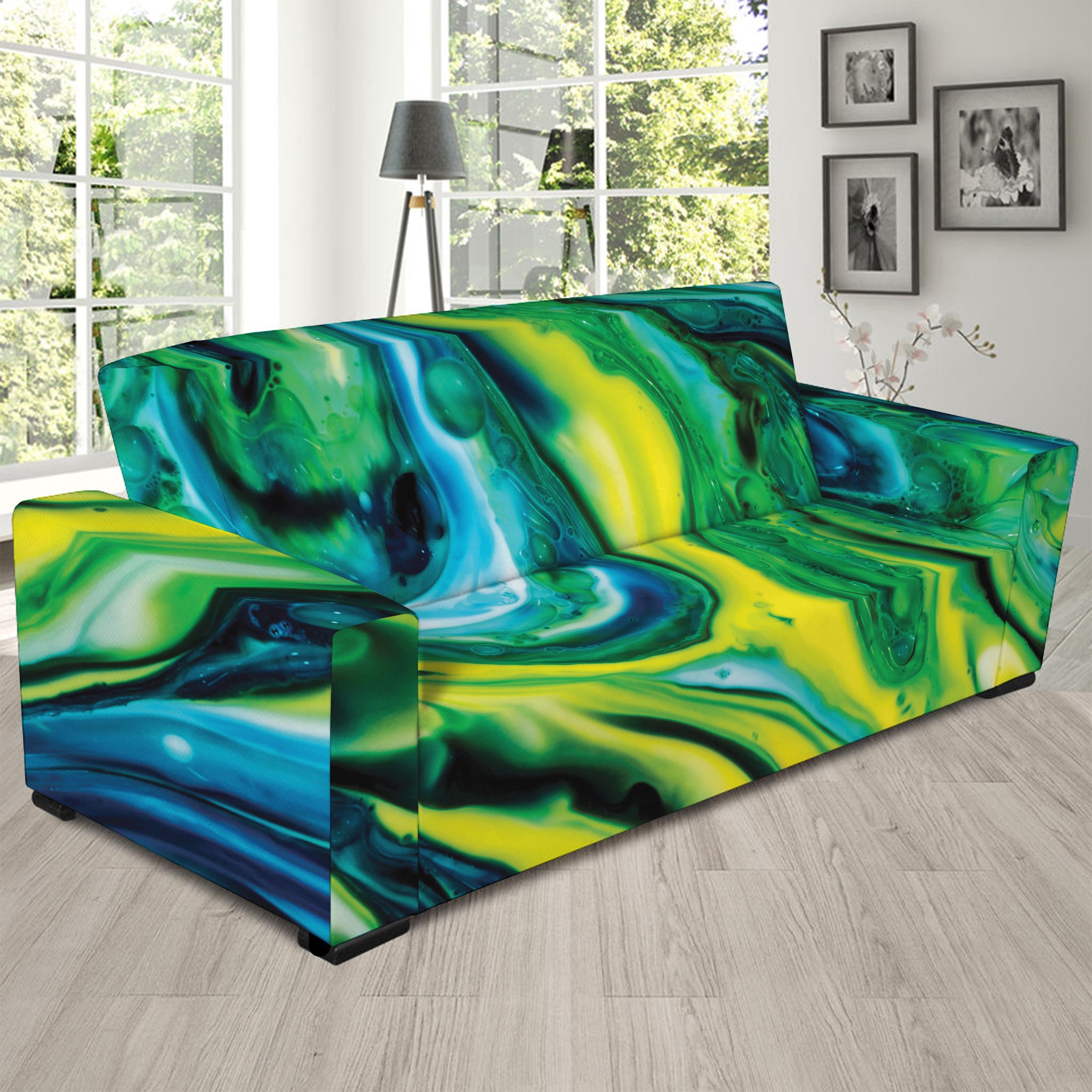 Blue And Green Acid Melt Print Sofa Slipcover