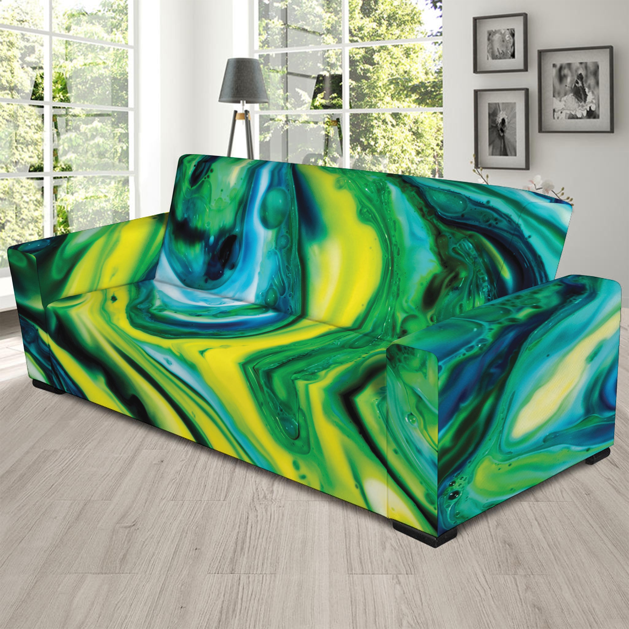 Blue And Green Acid Melt Print Sofa Slipcover