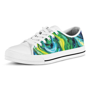 Blue And Green Acid Melt Print White Low Top Shoes