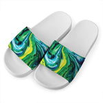 Blue And Green Acid Melt Print White Slide Sandals