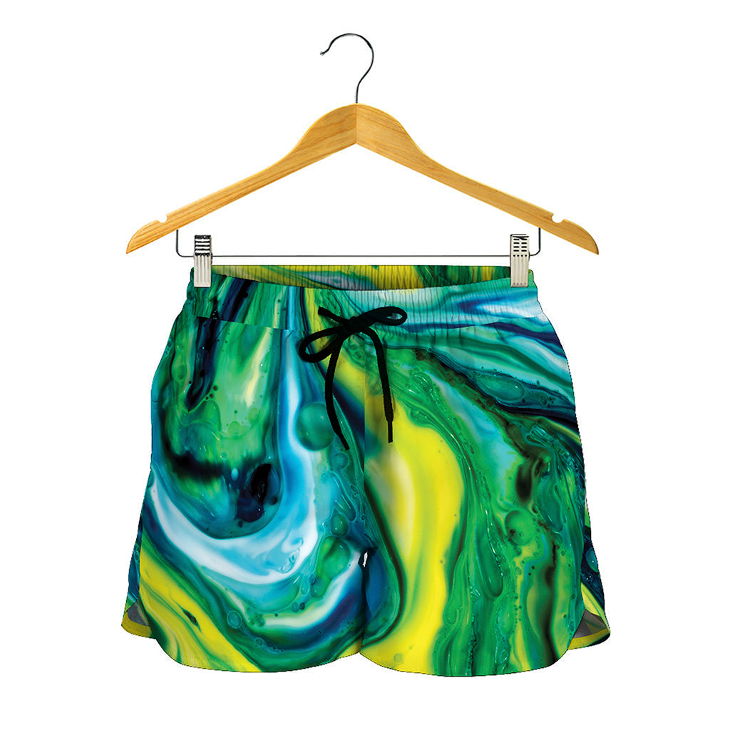 Blue And Green Acid Melt Print Women's Shorts