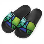 Blue And Green Stained Glass Print Black Slide Sandals