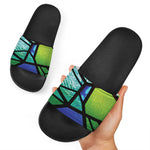 Blue And Green Stained Glass Print Black Slide Sandals
