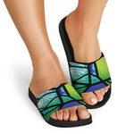 Blue And Green Stained Glass Print Black Slide Sandals