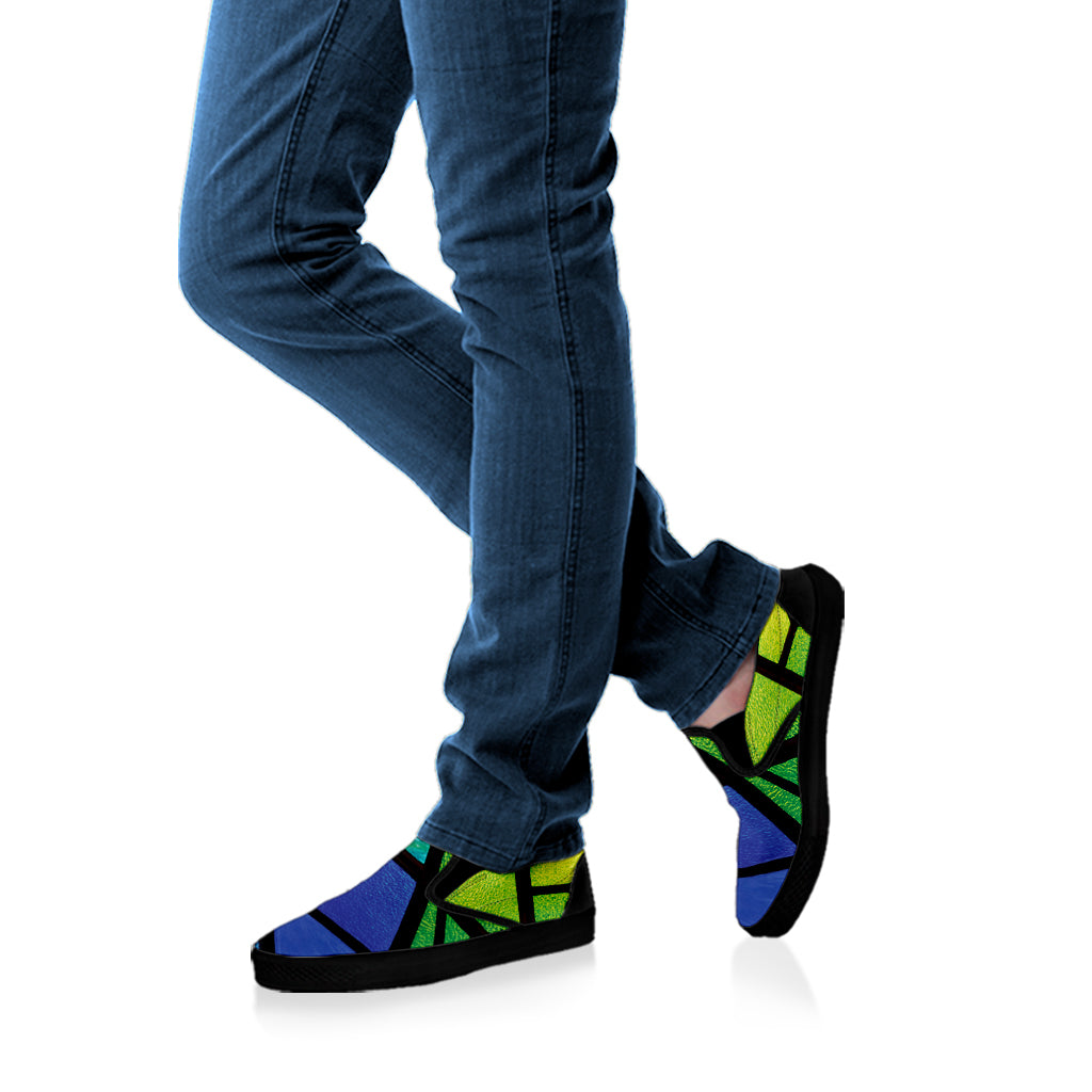Blue And Green Stained Glass Print Black Slip On Shoes