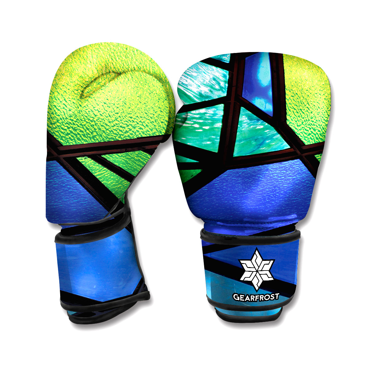 Blue And Green Stained Glass Print Boxing Gloves