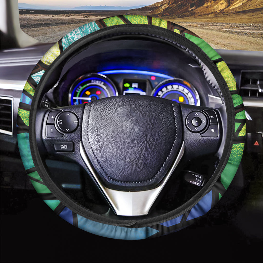 Blue And Green Stained Glass Print Car Steering Wheel Cover
