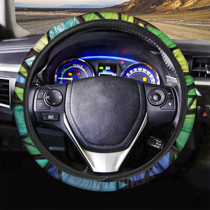 Blue And Green Stained Glass Print Car Steering Wheel Cover