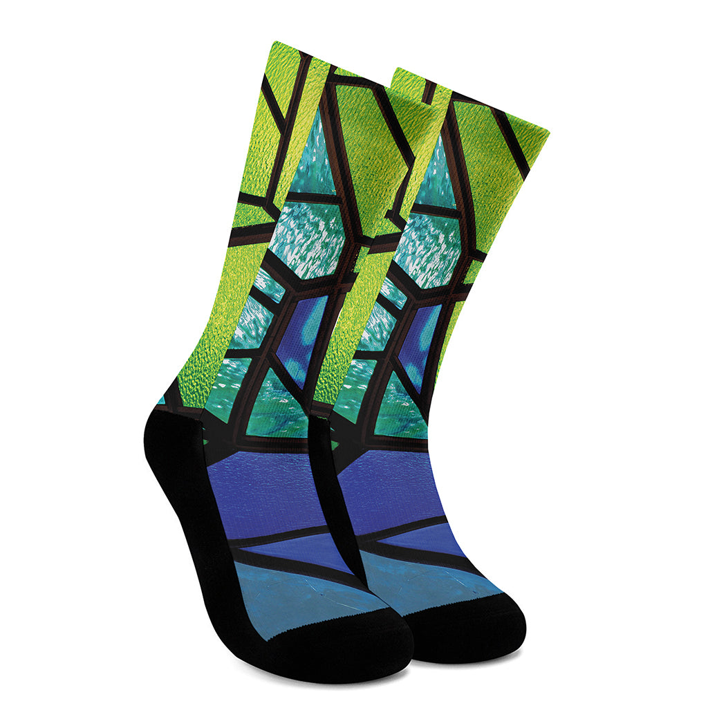 Blue And Green Stained Glass Print Crew Socks