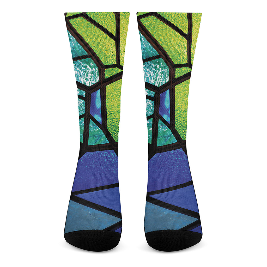 Blue And Green Stained Glass Print Crew Socks