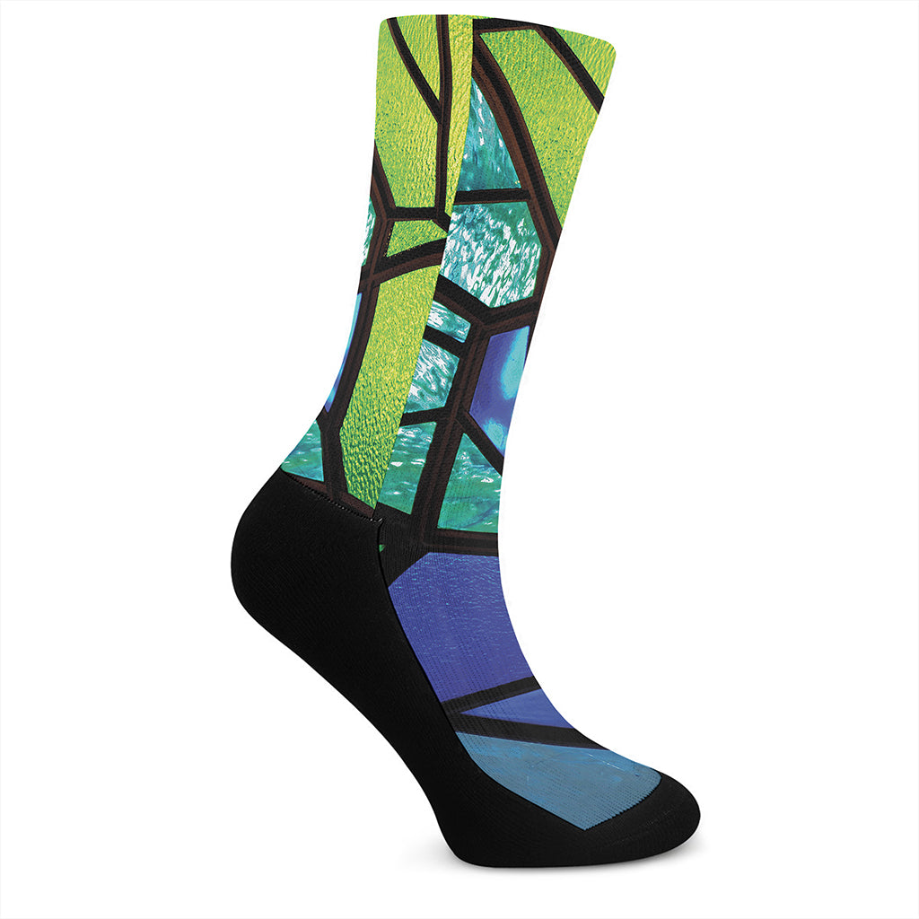 Blue And Green Stained Glass Print Crew Socks