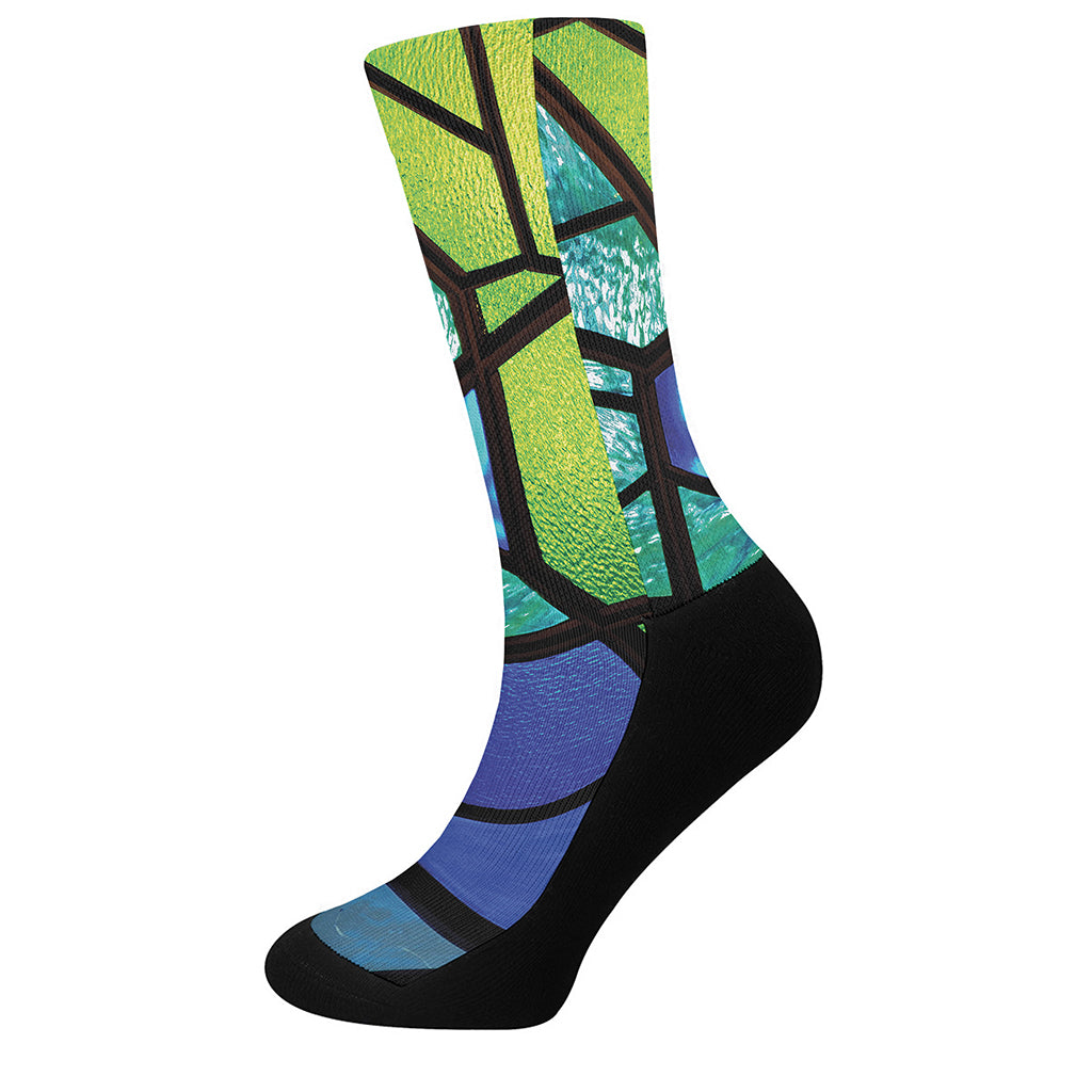 Blue And Green Stained Glass Print Crew Socks