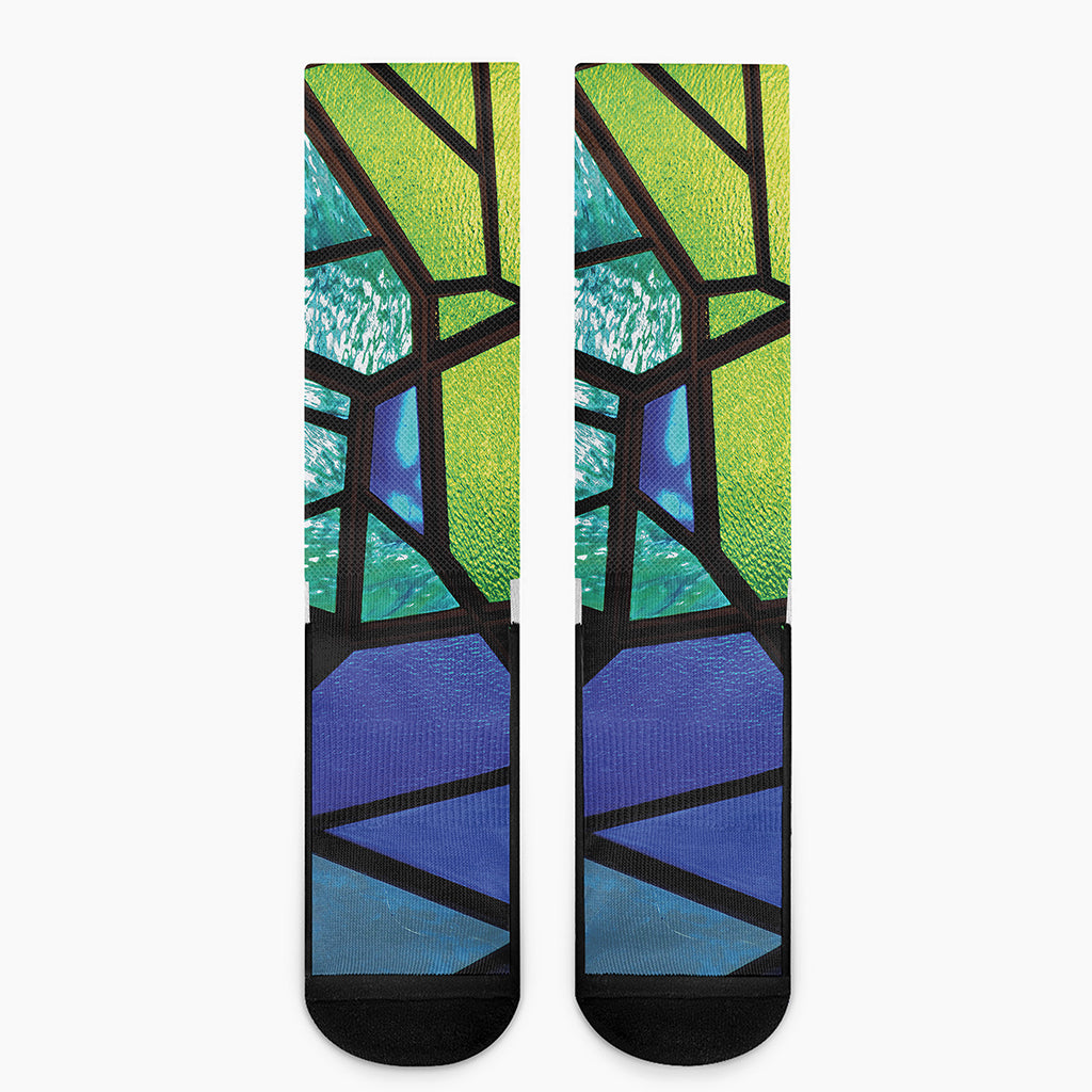 Blue And Green Stained Glass Print Crew Socks