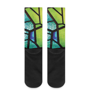 Blue And Green Stained Glass Print Crew Socks