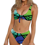 Blue And Green Stained Glass Print Front Bow Tie Bikini