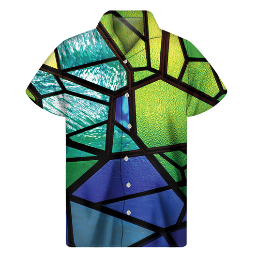 Blue And Green Stained Glass Print Men's Short Sleeve Shirt