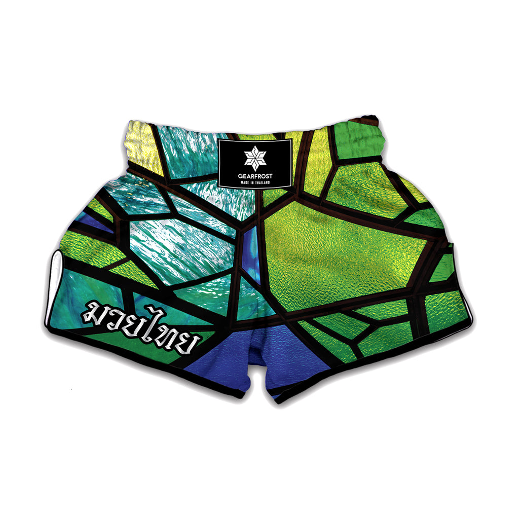 Blue And Green Stained Glass Print Muay Thai Boxing Shorts