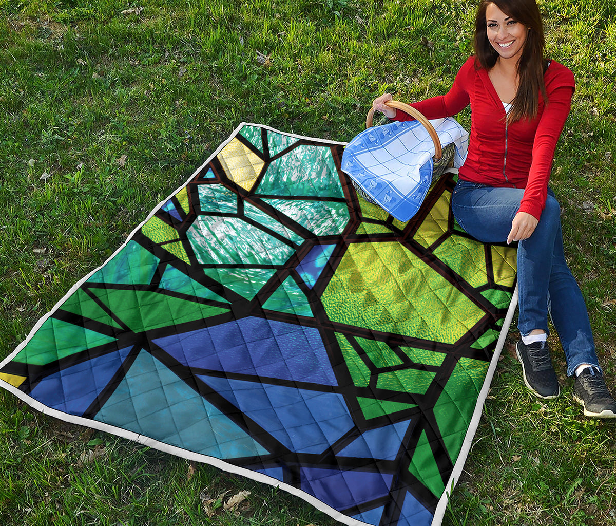 Blue And Green Stained Glass Print Quilt
