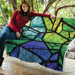 Blue And Green Stained Glass Print Quilt