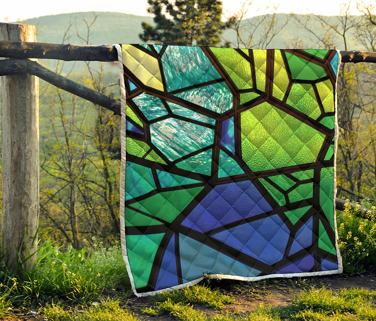 Blue And Green Stained Glass Print Quilt