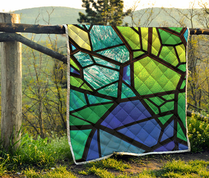 Blue And Green Stained Glass Print Quilt