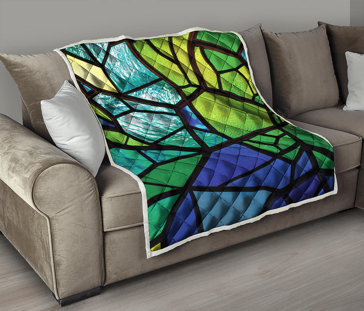 Blue And Green Stained Glass Print Quilt