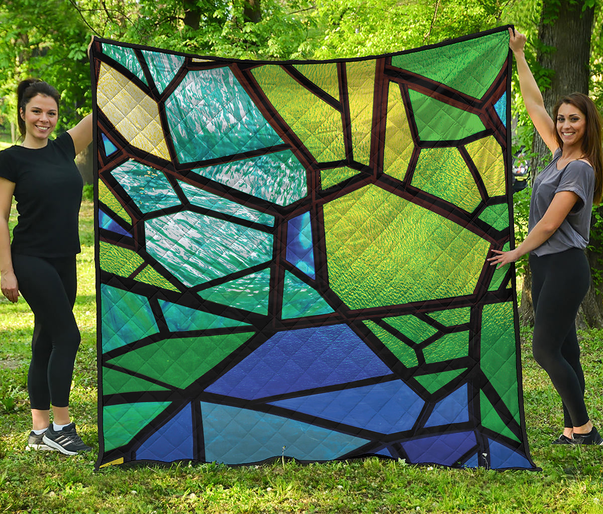 Blue And Green Stained Glass Print Quilt