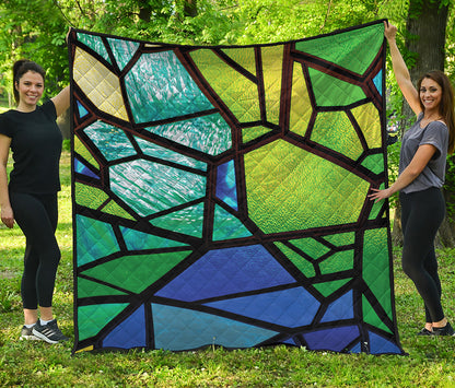 Blue And Green Stained Glass Print Quilt