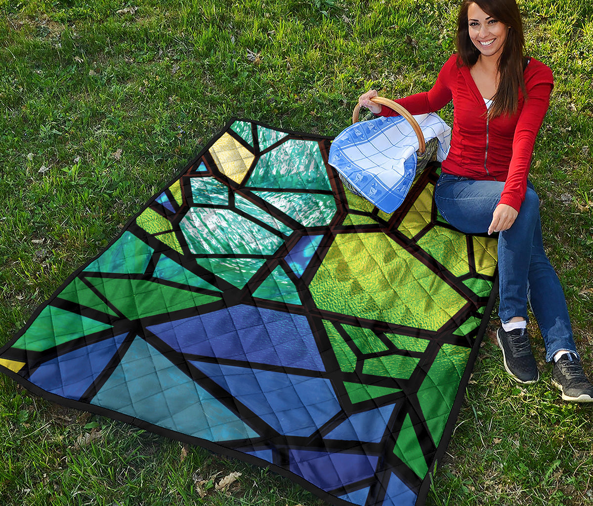 Blue And Green Stained Glass Print Quilt
