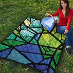 Blue And Green Stained Glass Print Quilt