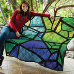 Blue And Green Stained Glass Print Quilt