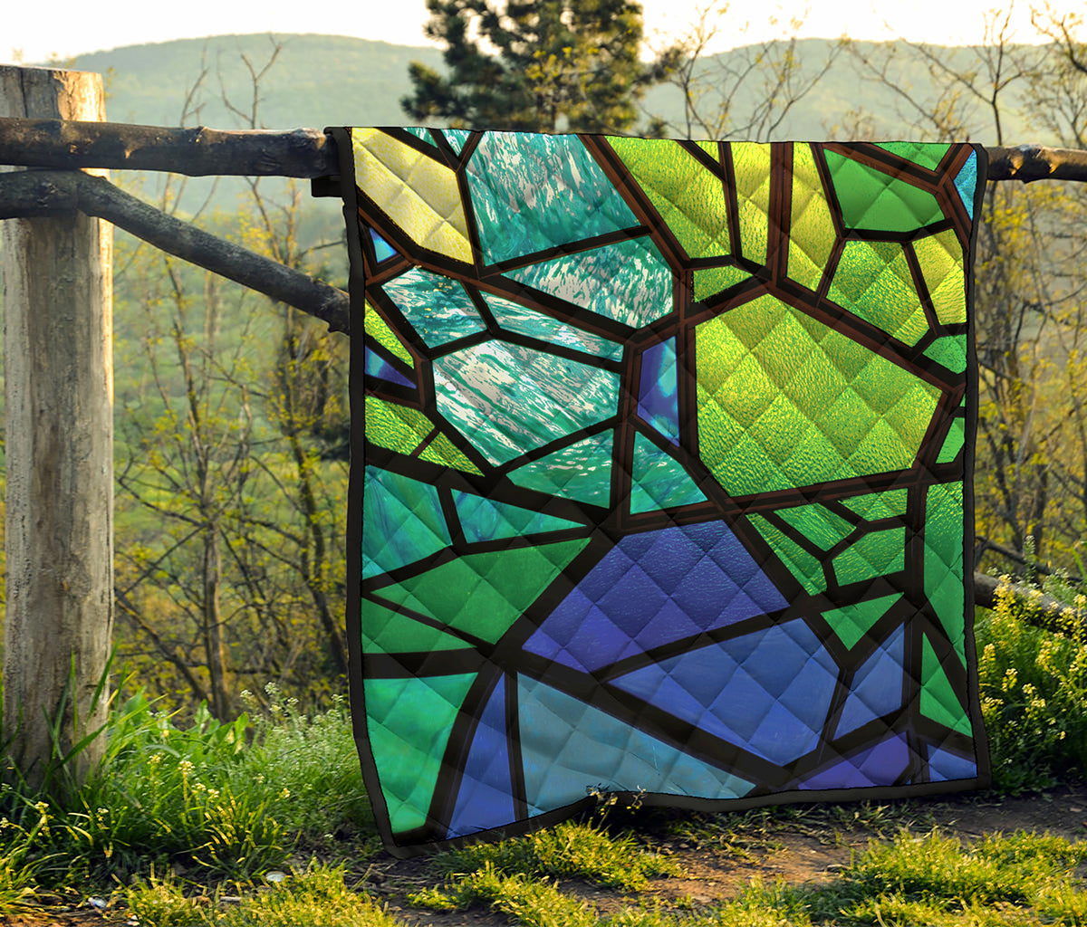 Blue And Green Stained Glass Print Quilt