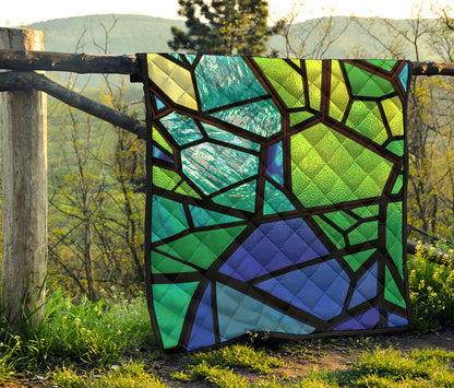 Blue And Green Stained Glass Print Quilt