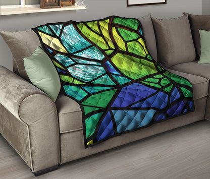 Blue And Green Stained Glass Print Quilt