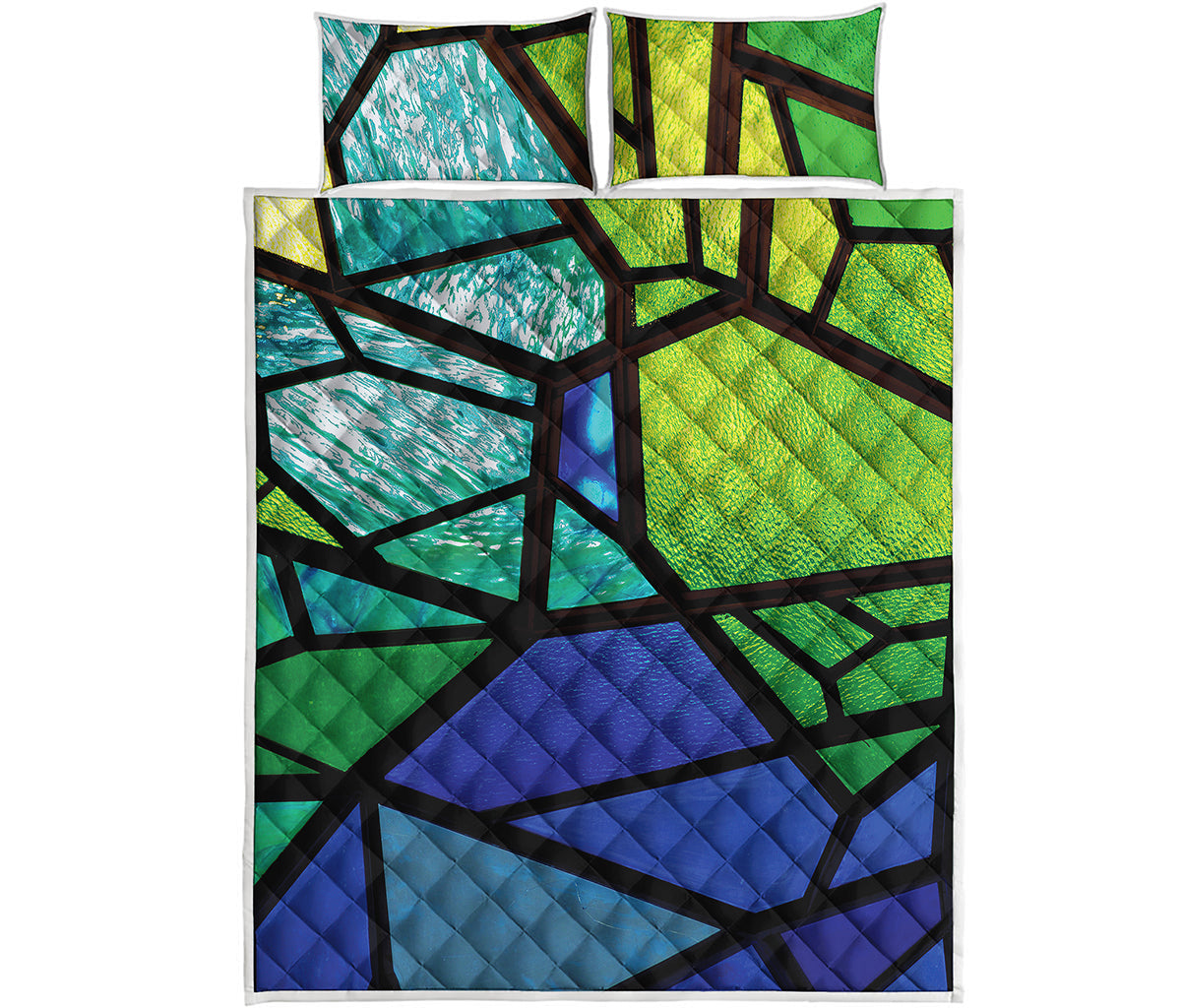 Blue And Green Stained Glass Print Quilt Bed Set