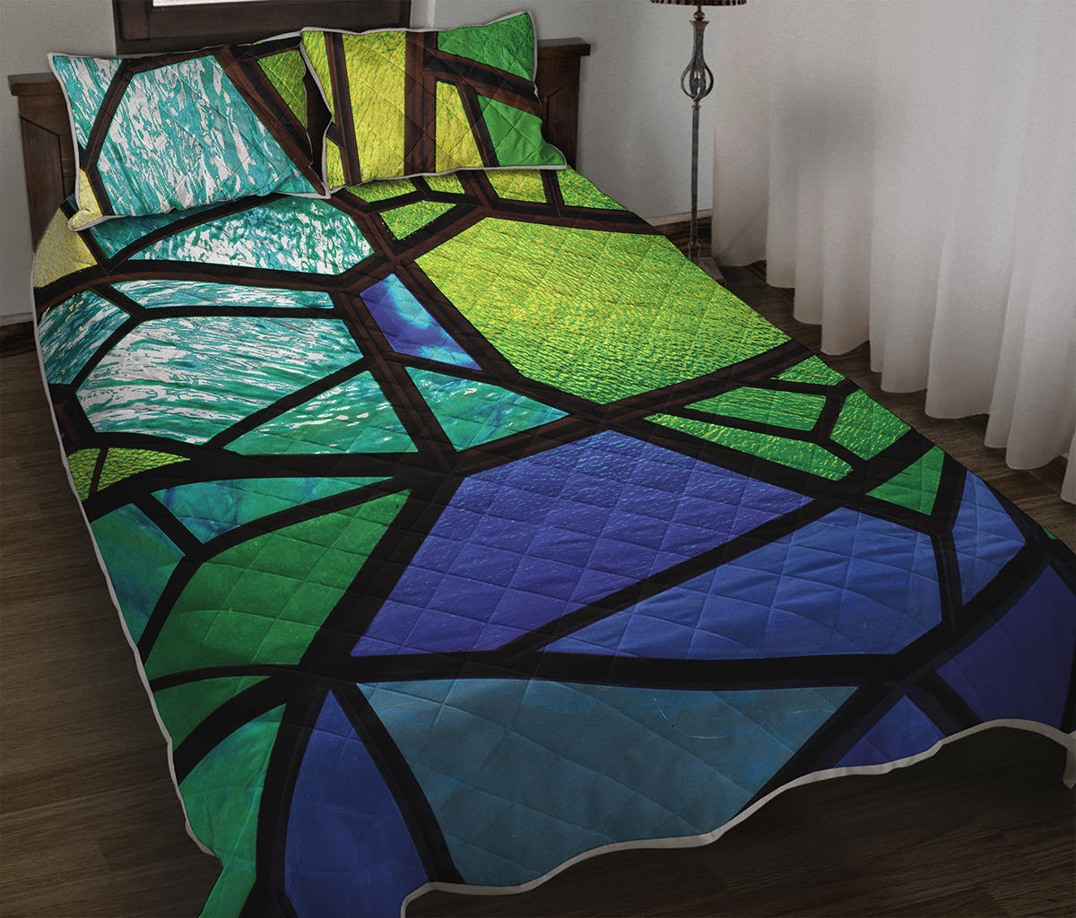 Blue And Green Stained Glass Print Quilt Bed Set