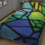 Blue And Green Stained Glass Print Quilt Bed Set