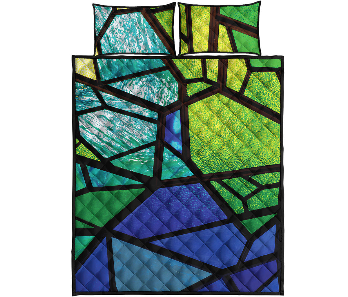 Blue And Green Stained Glass Print Quilt Bed Set